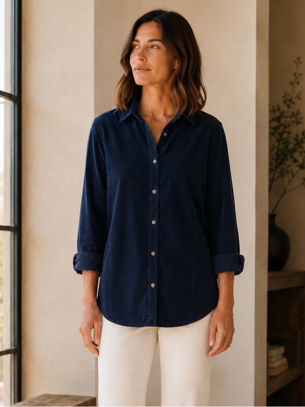 J.Jill Corduroy Button Up Shirt Navy Blue 100% Cotton Medium Tall